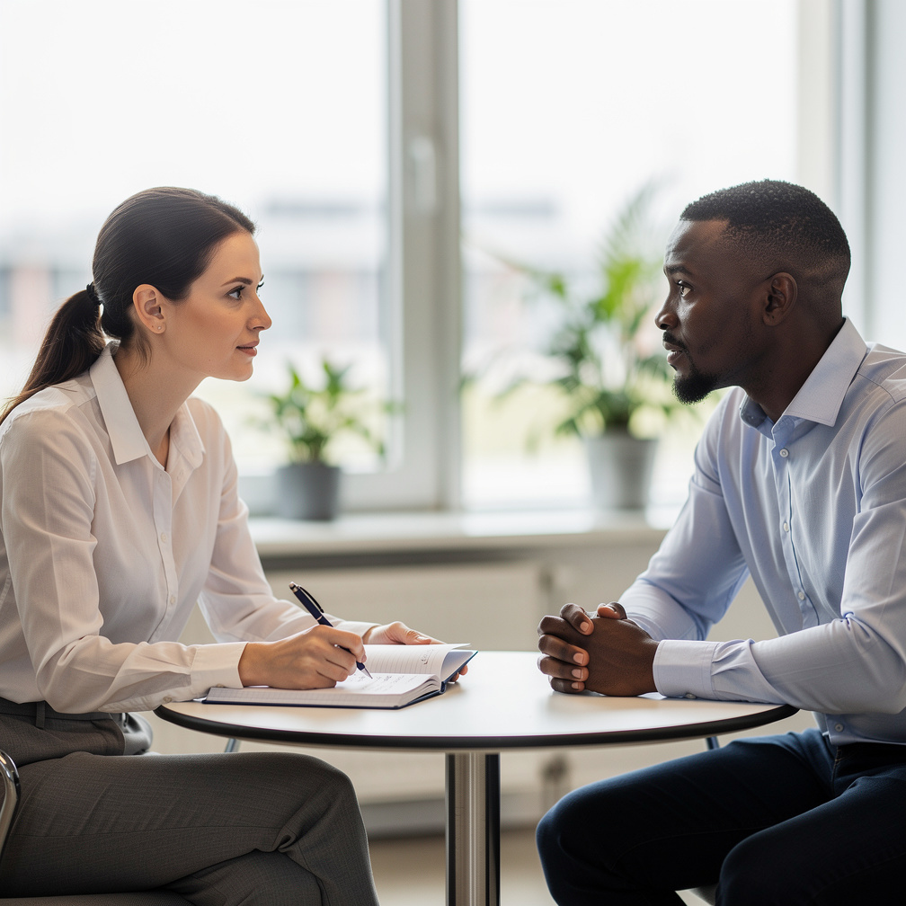 Two colleagues having a constructive feedback conversation