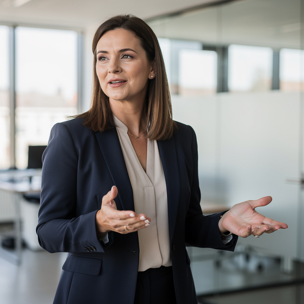 Belgian businesswoman in a blazer speaking confidently during a meeting